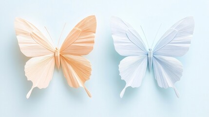 Two delicate butterflies, one peach and one white, against a soft blue background.