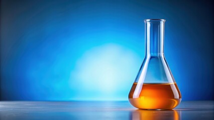 Orange solution in science glass flask on blue chemistry school laboratory background , chemistry, science, laboratory