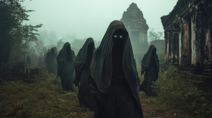 A dead figures wearing black cloaks walk through a forest