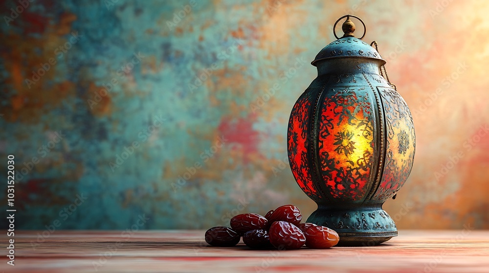 Poster softtoned ramadan image featuring beautifully crafted lantern in vibrant colors positioned beside a 