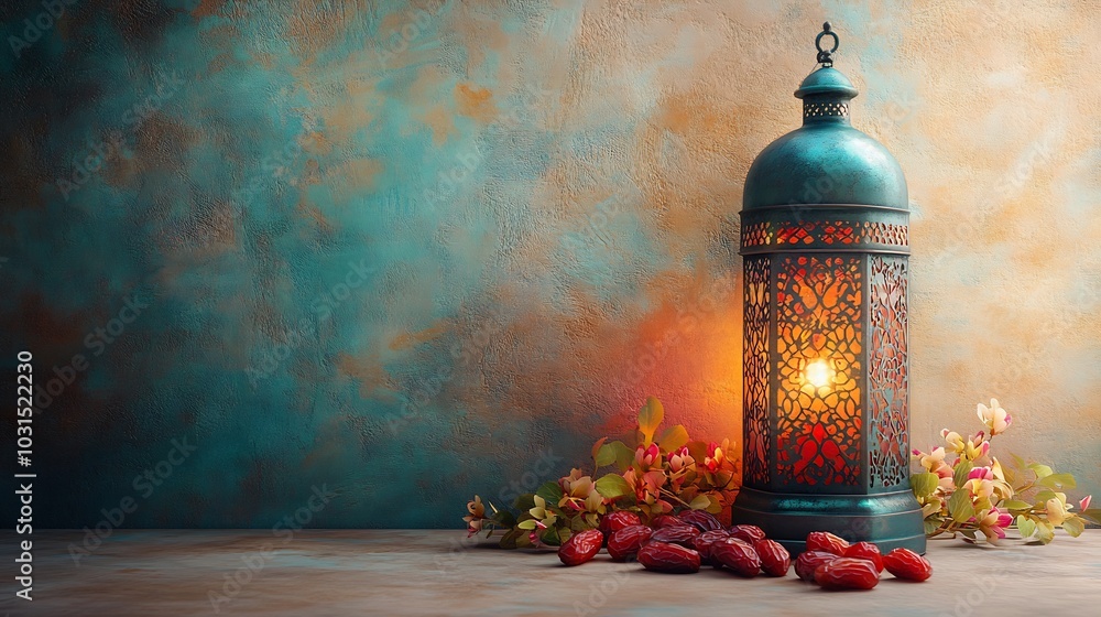 Poster softtoned ramadan image featuring beautifully crafted lantern in vibrant colors positioned beside a 
