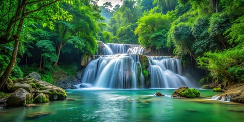 Fototapeta premium Waterfall cascading in lush national park surrounded by vibrant green trees, waterfall, national park, nature, outdoors