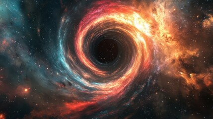 Cosmic Black Hole in Galaxy with Red and Blue Nebulae -  Space, Stars, Astronomy, Science.