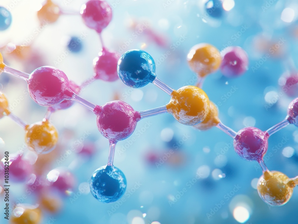 Poster abstract molecular structure with colorful spheres and bokeh background for science, technology, and