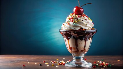 Delicious ice cream sundae topped with whipped cream, chocolate sauce, sprinkles, and a cherry, dessert, sweet