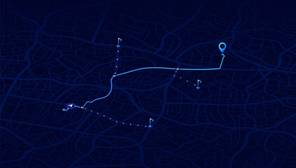 Route on the map to pin. City street map with various points of interest. GPS tracking system to navigate and find way around the city landmarks, directions to different locations. Vector illustration