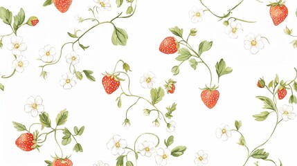 Watercolor strawberries and flowers pattern on white background