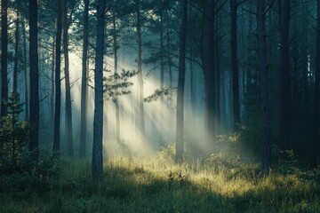 Mystical Sunbeams Through Foggy Forest - Nature Photography