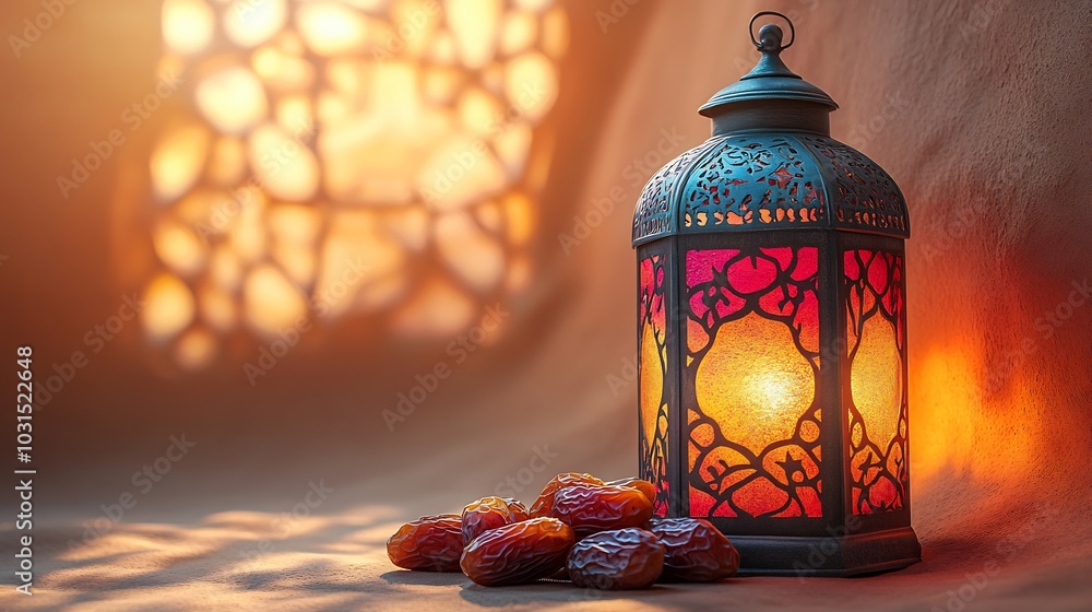 Poster softtoned ramadan image featuring beautifully crafted lantern in vibrant colors positioned beside a 