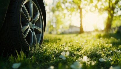 Close-up of a car tire on green grass with white flower petals in the foreground. The sun shines brightly through the trees in the background.