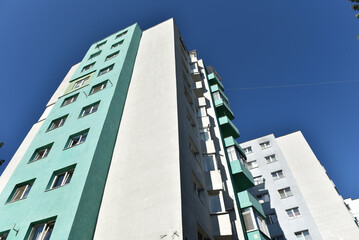 Perspective view of flat of blocks from Communist period, worn out concrete buildings in Eastern Europe