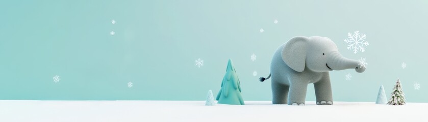 Obraz premium An adorable elephant in a snowy landscape with whimsical trees.