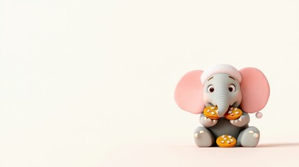 Cute elephant character enjoying cookies, white isolated background.