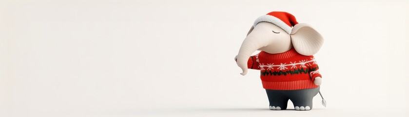 Elephant wearing a Christmas sweater, festive spirit, white isolated background.