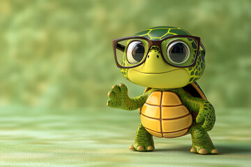 Fototapeta premium A cute cartoon turtle wearing glasses, waving cheerfully against a soft green background.