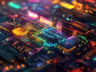 Abstract Futuristic Circuit Board with Neon Lights - Technology Background