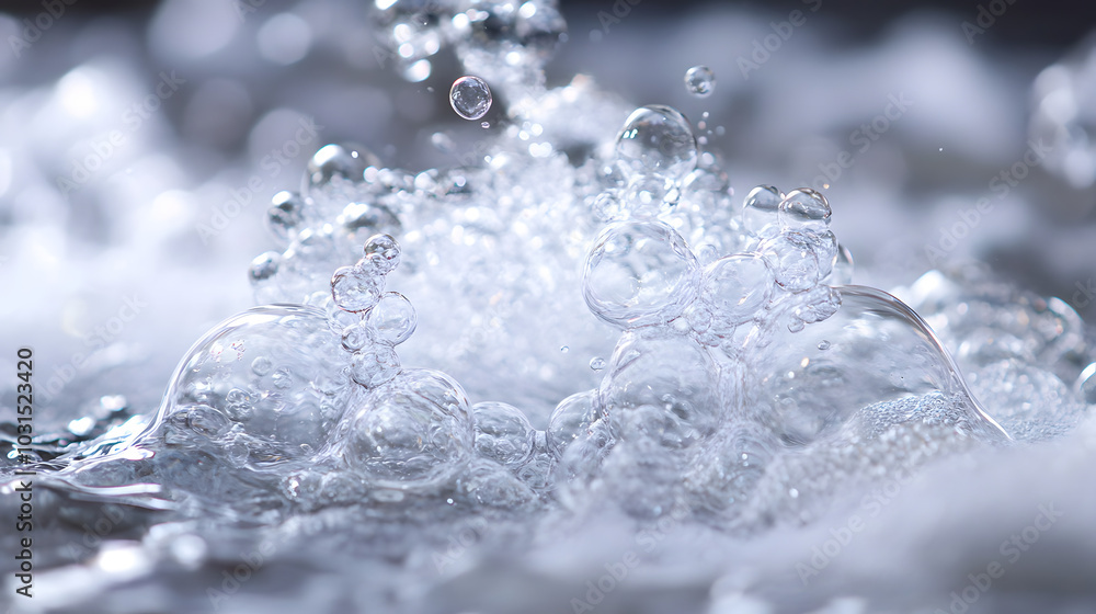 Poster a close-up of a cluster of tiny bubbles forming on the surface of soapy water