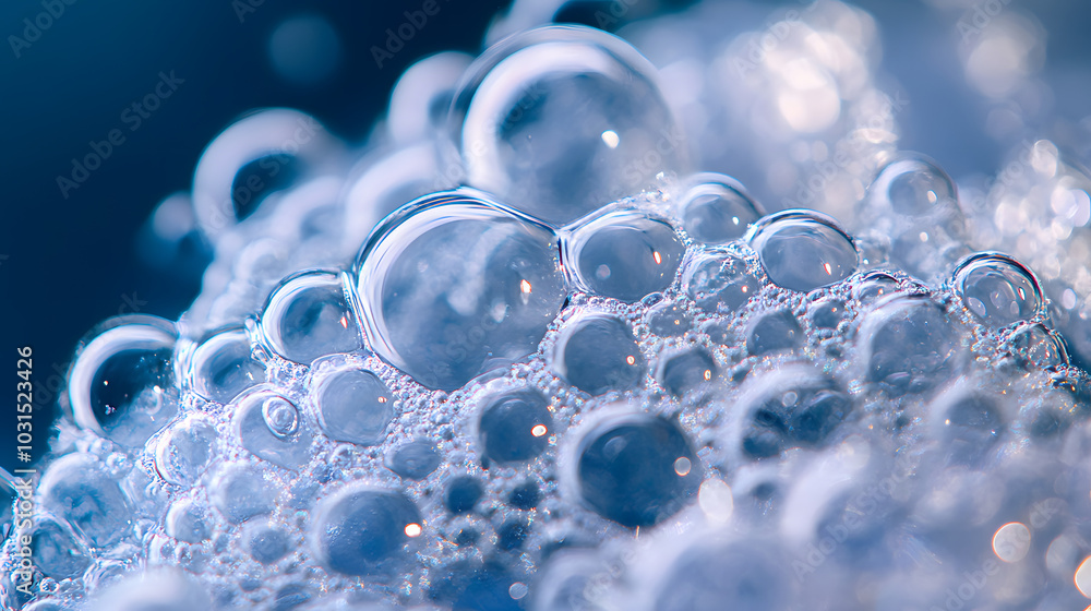 Poster a close-up of a cluster of tiny bubbles forming on the surface of soapy water