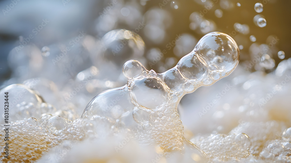 Poster a close-up of a cluster of tiny bubbles forming on the surface of soapy water