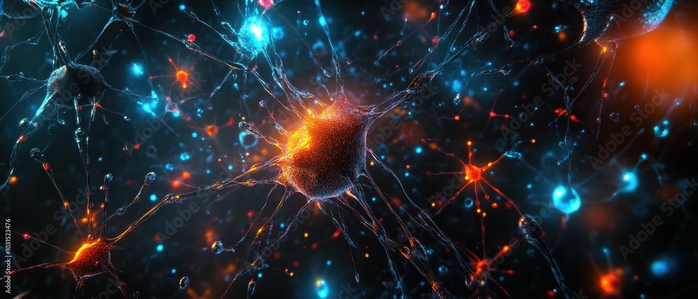 Poster abstract neuron network with glowing synapses - 3d rendering of human brain cells.