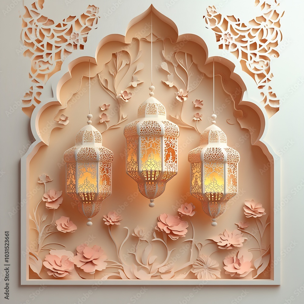 Poster soft and intricate paper cut style design featuring hanging lanterns with floral patterns in the for