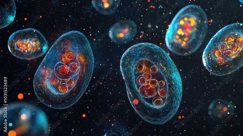 Poster abstract microscopic view of cells with glowing colors and detailed structure.