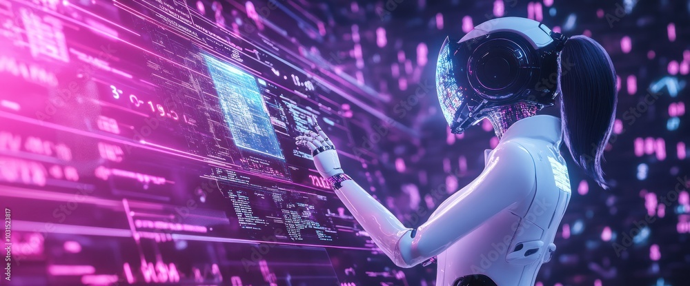 Poster futuristic ai robot interacting with a digital interface