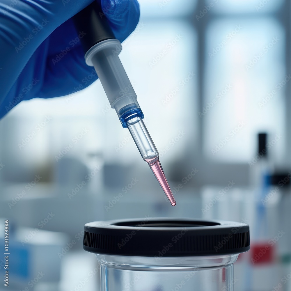 Poster close-up of a gloved hand using a pipette to drop a pink liquid into a beaker in a laboratory settin