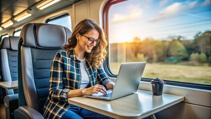 A freelancer sending emails while traveling by train or airplane