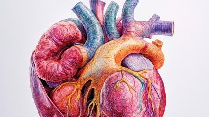 Naklejka premium Human Heart Anatomy Illustration with Detailed Vessels and Chambers - Medical Art