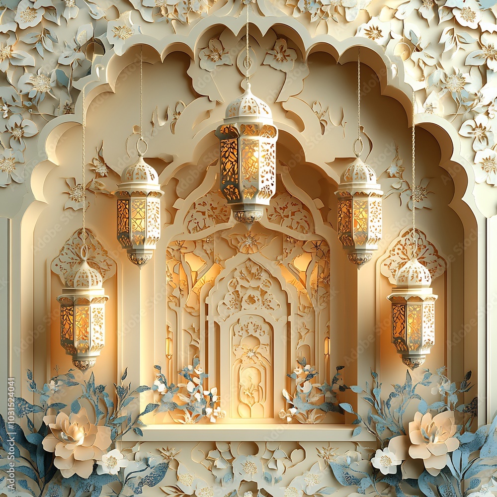 Poster soft and intricate paper cut style design featuring hanging lanterns with floral patterns in the for