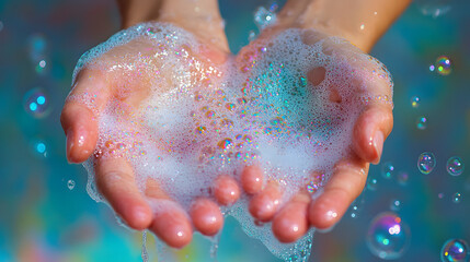 Fototapeta premium A pair of hands covered in soap bubbles, showing the fun of washing or playing