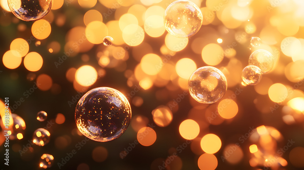 Poster glittery bubbles floating through the air, catching light and creating a magical effect