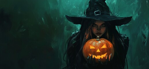 Witch Girl and Pumpkin. Mysterious Halloween Theme. Background image Neo Art HD Print v2 7