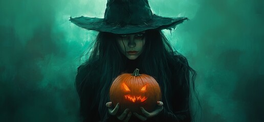 Witch Girl and Pumpkin. Mysterious Halloween Theme. Background image Neo Art HD Print v2 6