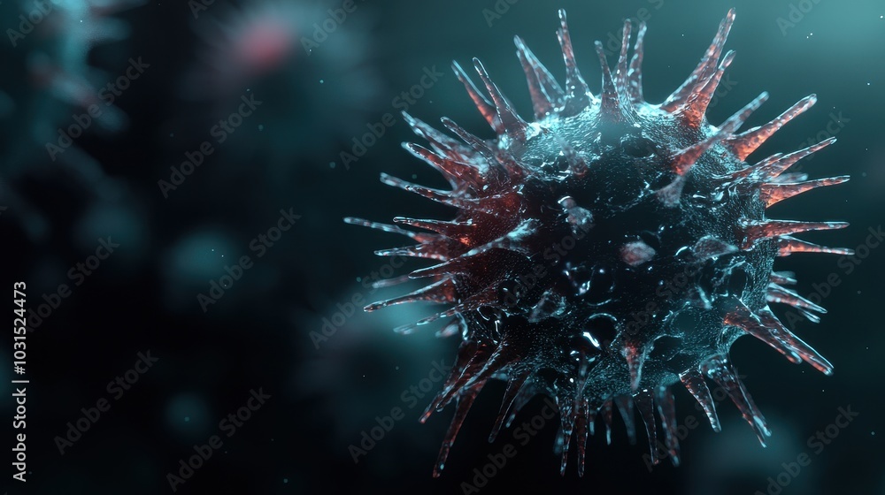 Poster 3d rendering of a virus with spikes and a blue and red glow on a black background.