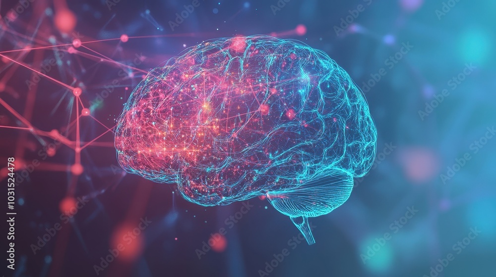 Poster abstract human brain with neuron connections and glowing lines - artificial intelligence concept.