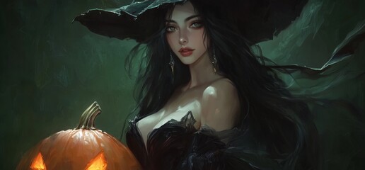 Witch Girl and Pumpkin. Mysterious Halloween Theme. Background image Neo Art HD Print v2 4