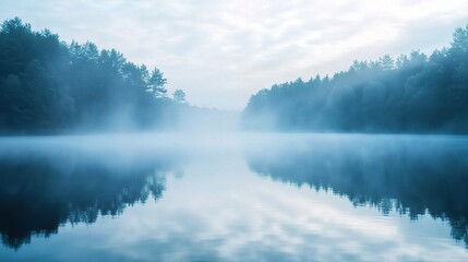 Fototapeta premium Misty Lake in Serene Forest Landscape