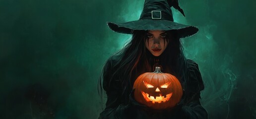 Witch Girl and Pumpkin. Mysterious Halloween Theme. Background image Neo Art HD Print v2 3