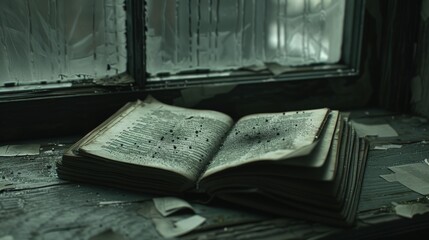 Dusty Open Book on Windowsill with Broken Glass