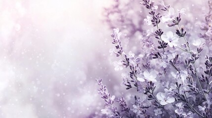 Soft palette of light lavender and white with delicate arabesque flowers filling the right side Space for text is available on the left offering a calm and modern take on Ramadan greetings