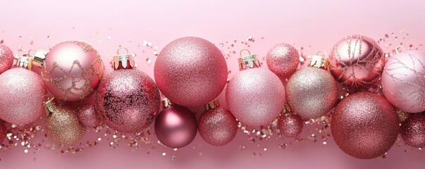 Elegant rose gold Christmas ornaments with frosted pine branches on a pink background