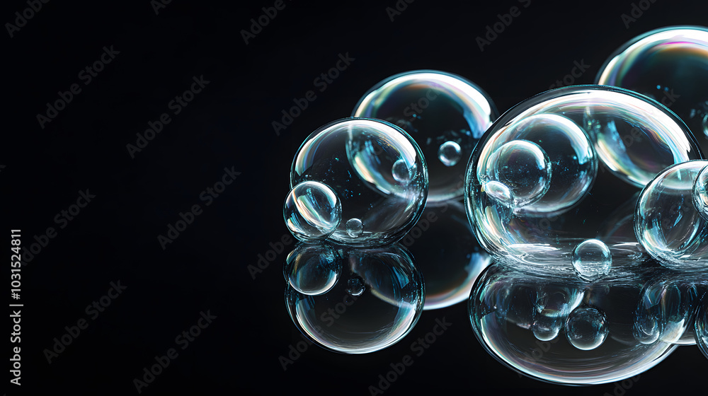 Poster large bubbles against a solid black background to highlight their shape and reflection