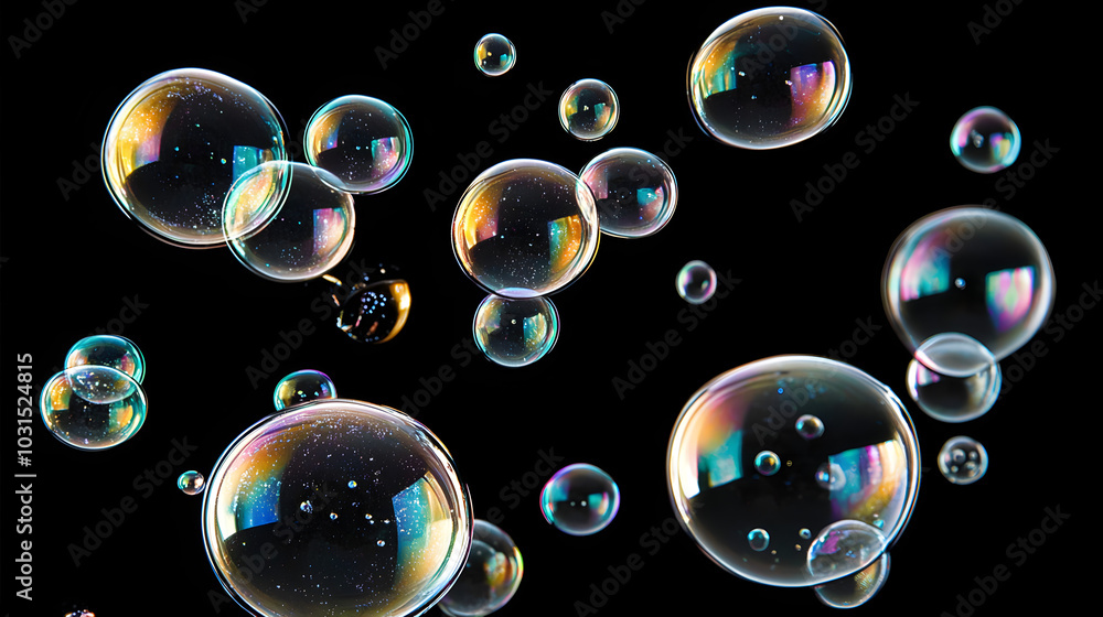 Poster large bubbles against a solid black background to highlight their shape and reflection