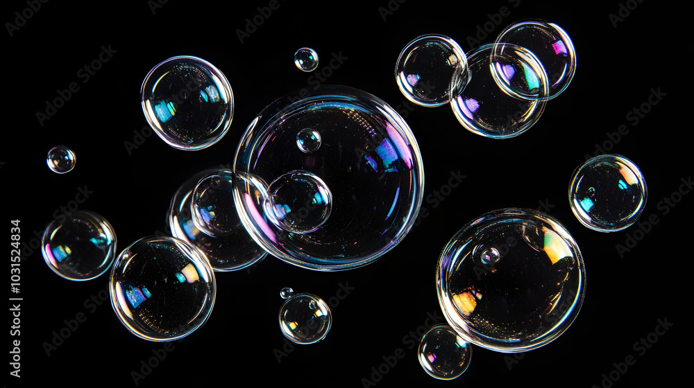 Poster large bubbles against a solid black background to highlight their shape and reflection