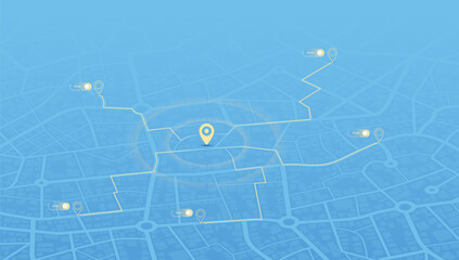Location tracker dashboard with data of arrive time. City street road with pins on map and alternative ways. Isometric street roads and location, vector background. Huge city view