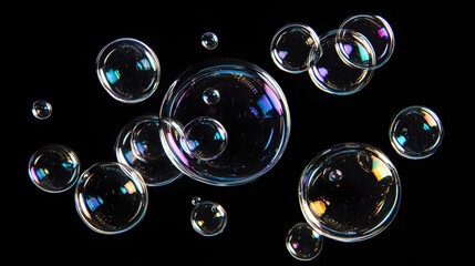 Naklejka premium Large bubbles against a solid black background to highlight their shape and reflection
