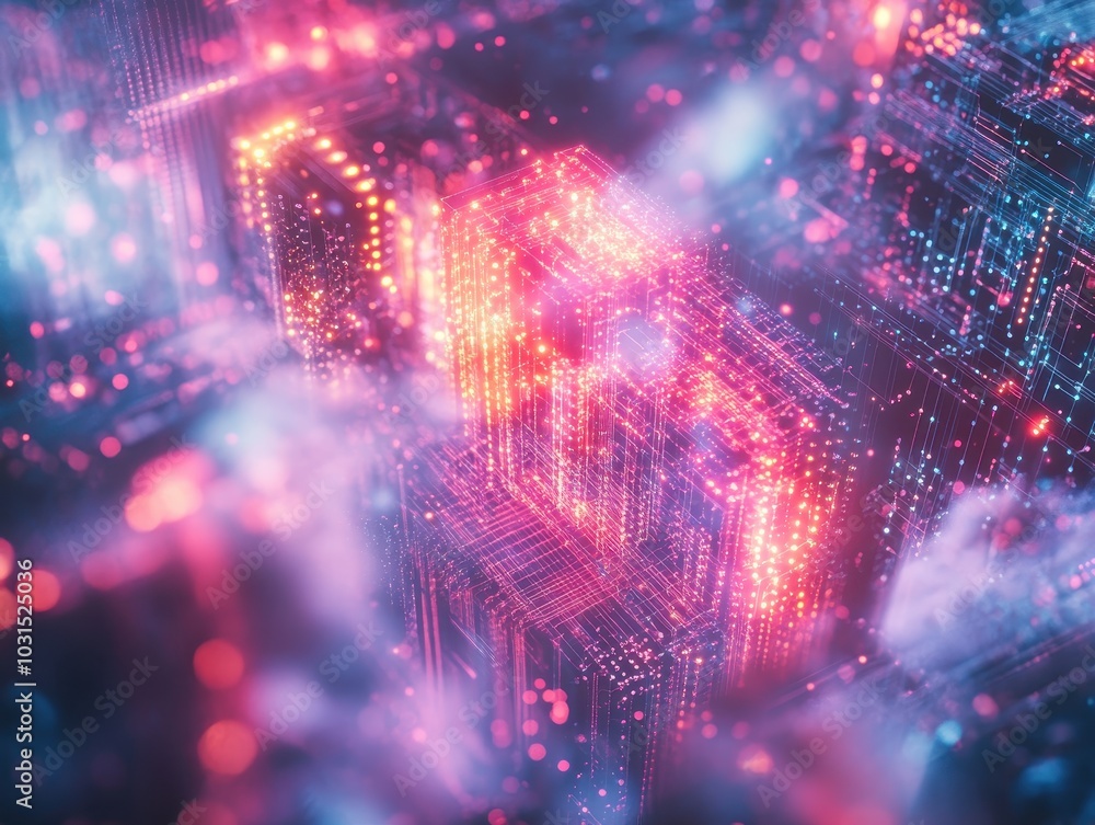 Aufkleber abstract 3d render of glowing neon cubes with digital network connections and bokeh lights.