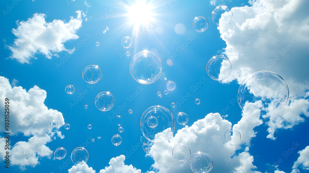 Poster bubbles appearing to float through the sky with clouds in the background
